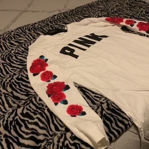 Pink Victoria Secret long sleeve T-shirt white with red roses on sleeves